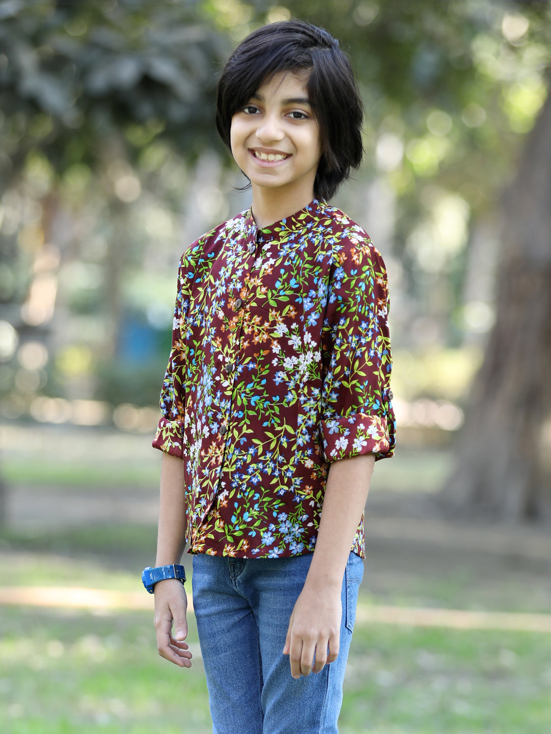 Cutiekins Floral & Leaf Printed Shirt -Brown & Green