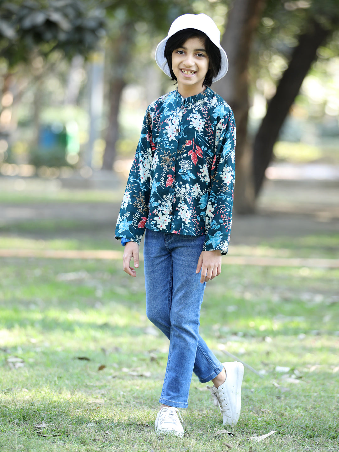 Cutiekins Floral & Leaf Printed Shirt -Teal & White