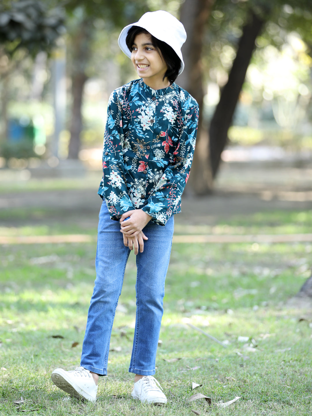 Cutiekins Floral & Leaf Printed Shirt -Teal & White