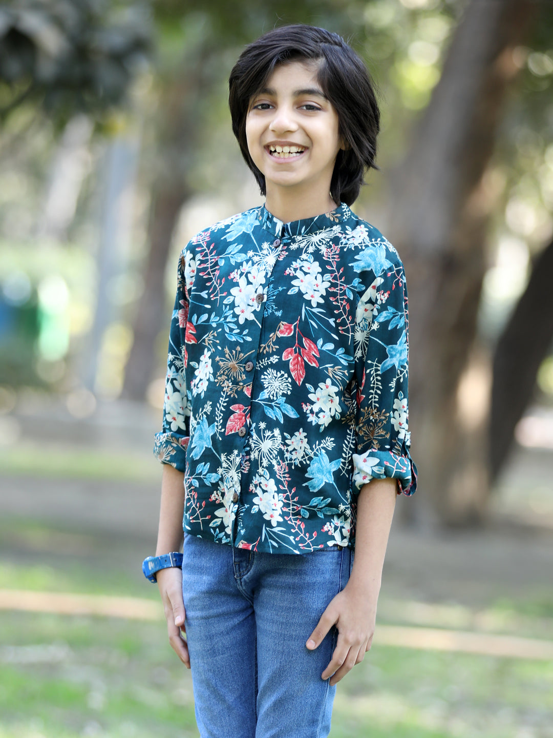 Cutiekins Floral & Leaf Printed Shirt -Teal & White