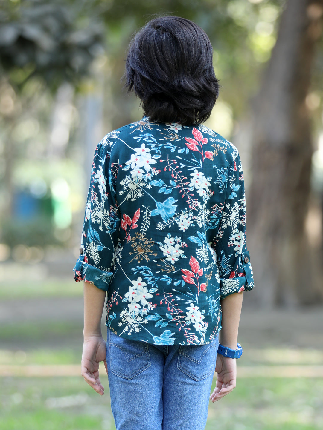 Cutiekins Floral & Leaf Printed Shirt -Teal & White