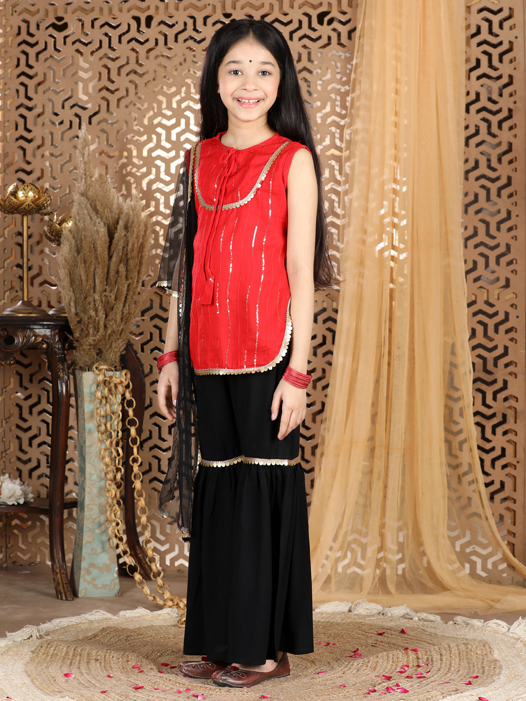 Cutiekins Sequined Kurta & Sharara Set -Red & Black