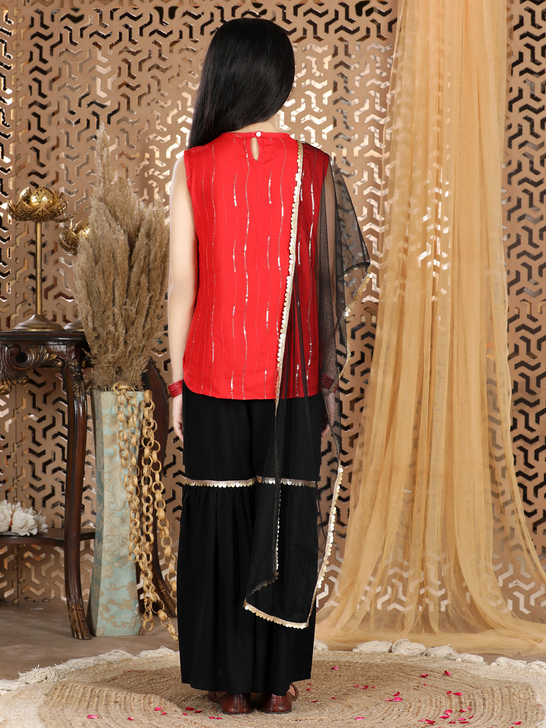 Cutiekins Sequined Kurta & Sharara Set -Red & Black