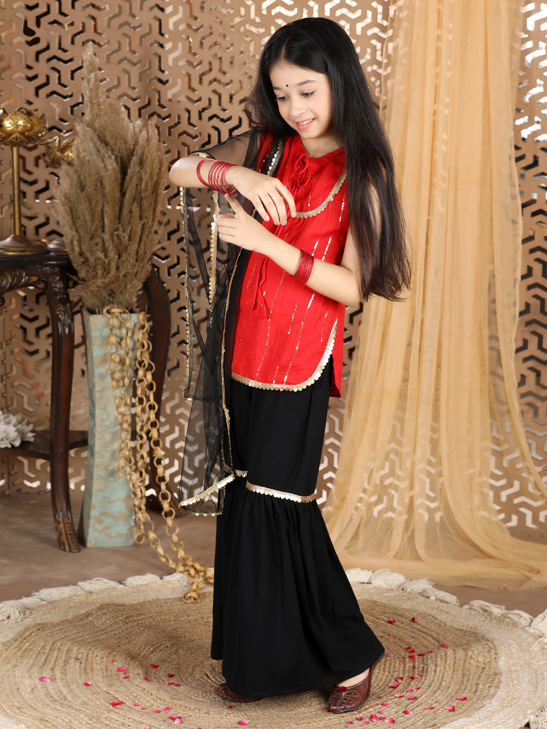 Cutiekins Sequined Kurta & Sharara Set -Red & Black