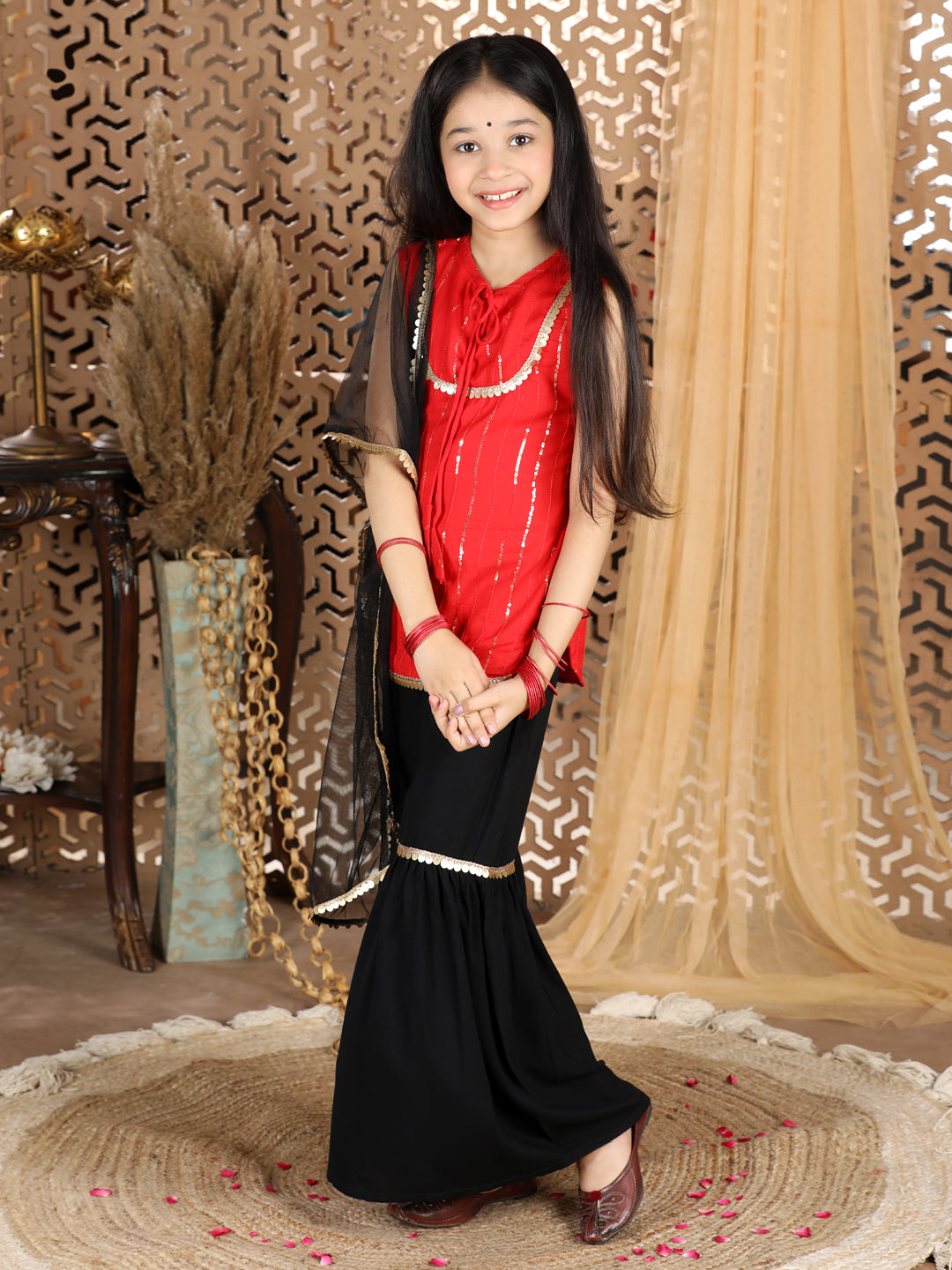 Cutiekins Sequined Kurta & Sharara Set -Red & Black