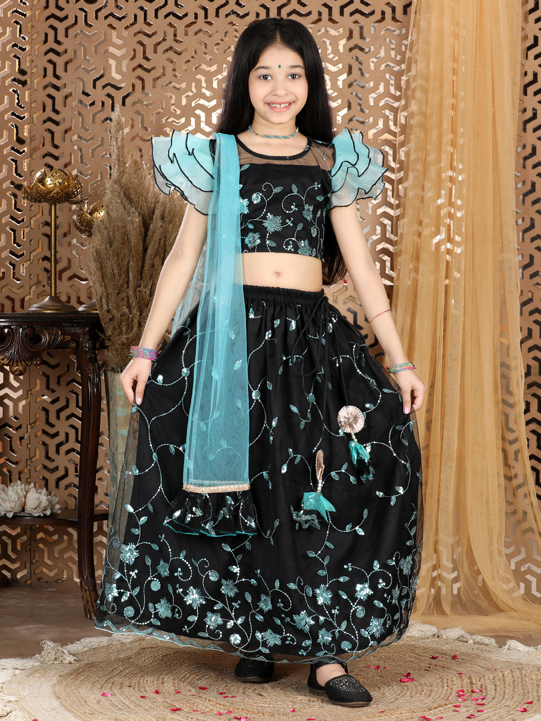 Cutiekins Sequence Work Net Lengha Choli Set- Sky Blue & Black