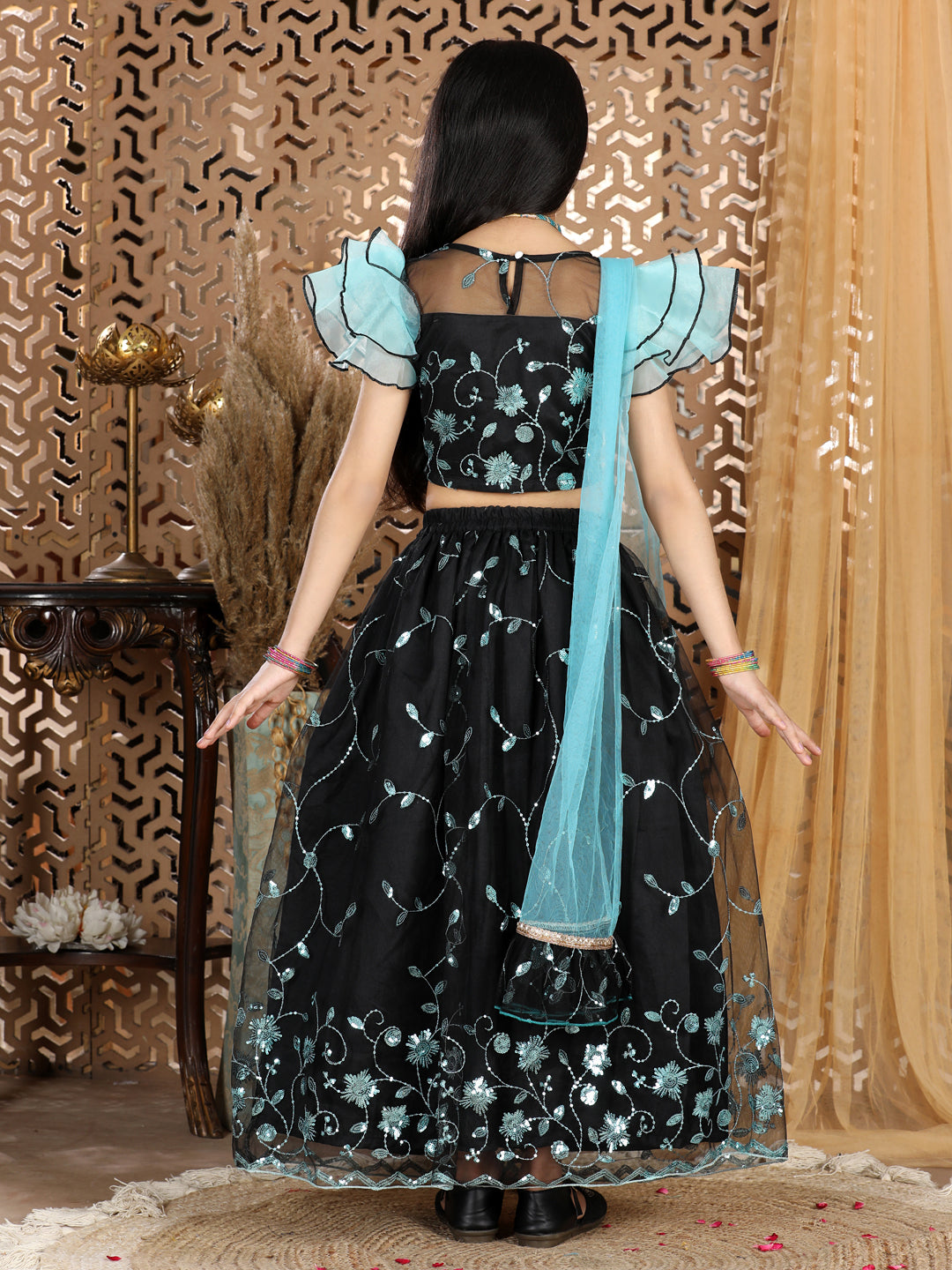 Cutiekins Sequence Work Net Lengha Choli Set- Sky Blue & Black