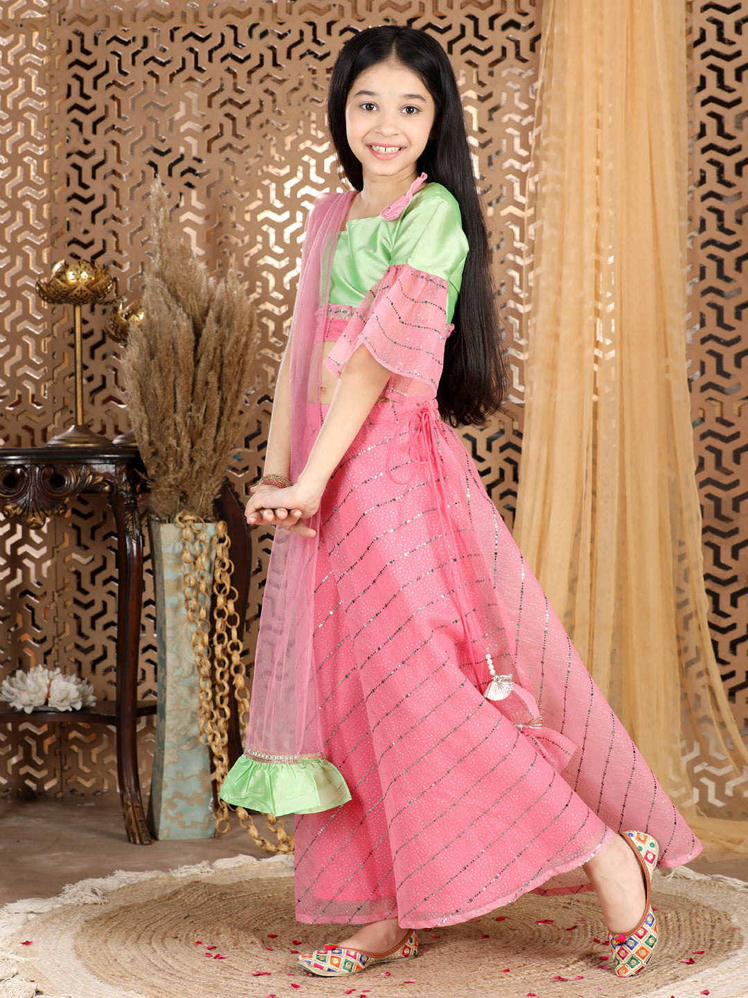 Cutiekins Solid One Shoulder Top & Lengha set -Pink & Green