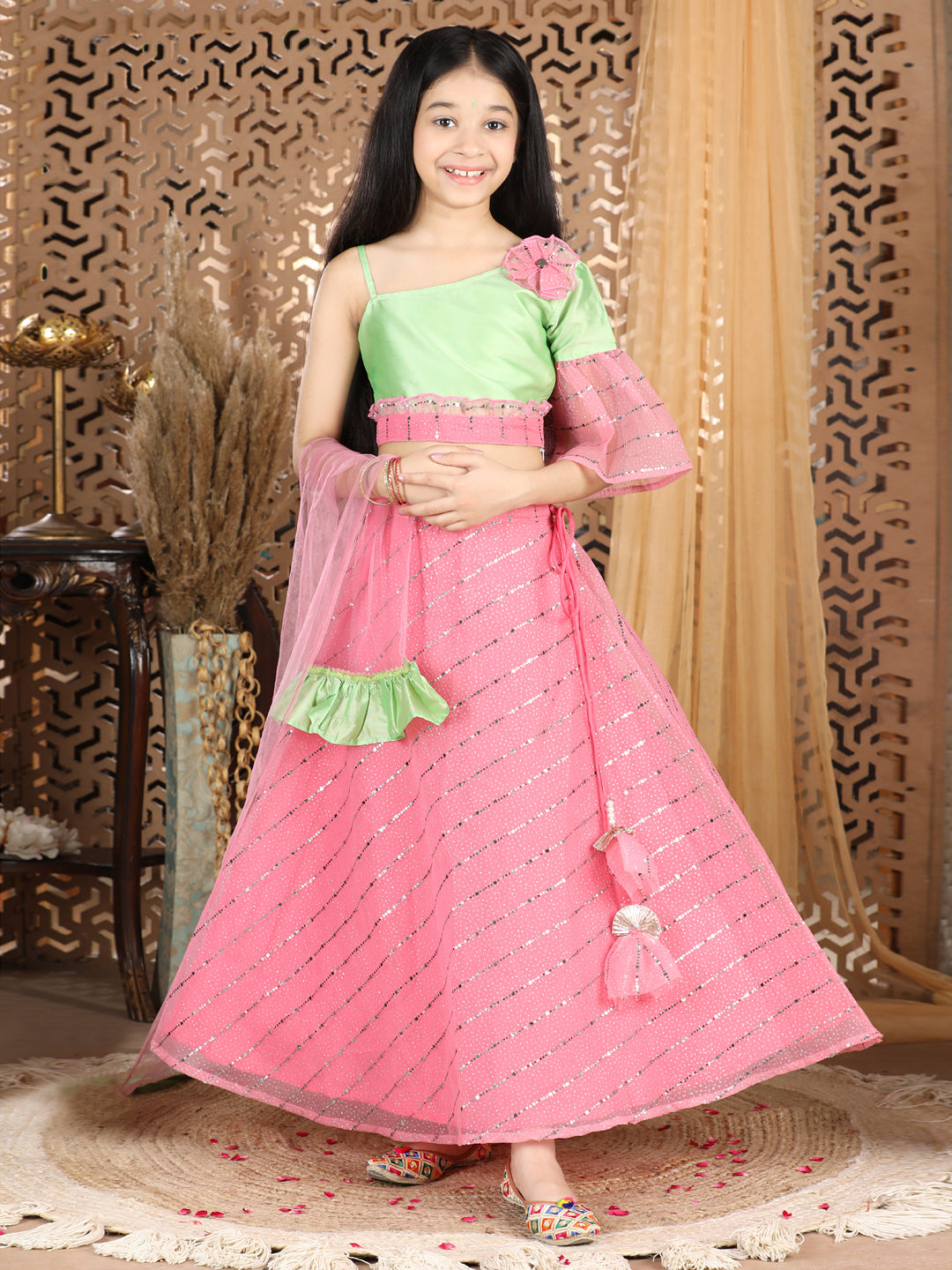 Cutiekins Solid One Shoulder Top & Lengha set -Pink & Green