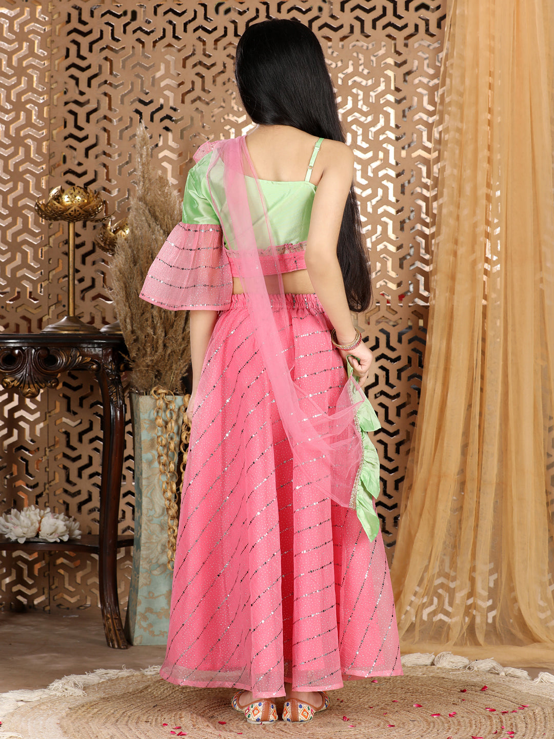 Cutiekins Solid One Shoulder Top & Lengha set -Pink & Green