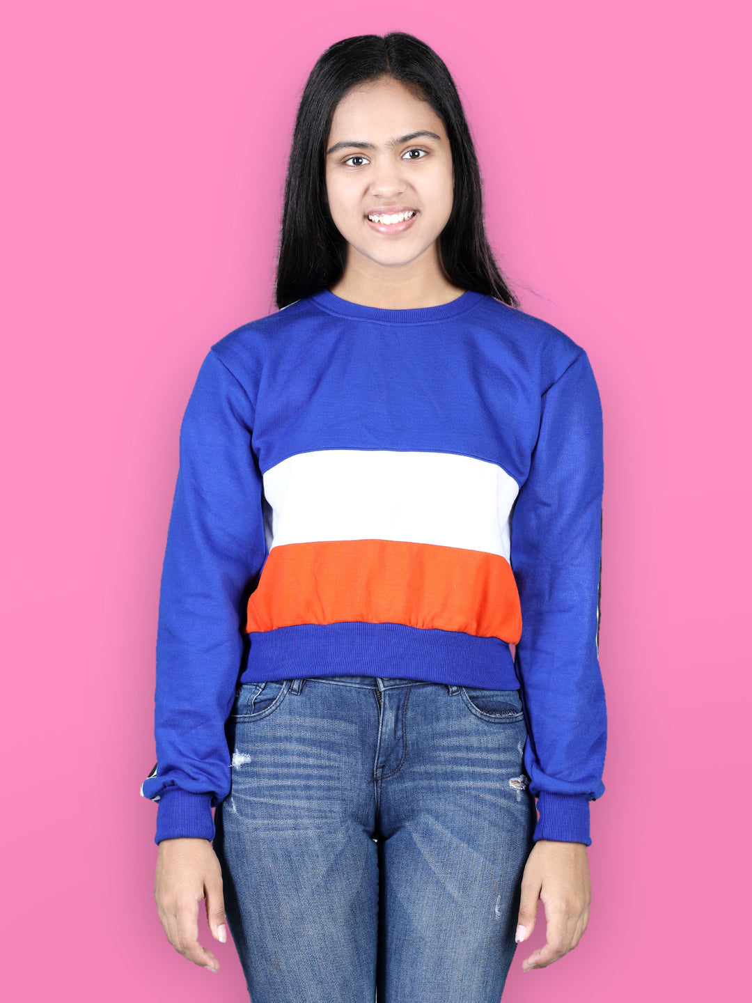 Cutiekins Colourblocked Round Neck Crop Sweatshirt-Royal Blue & White