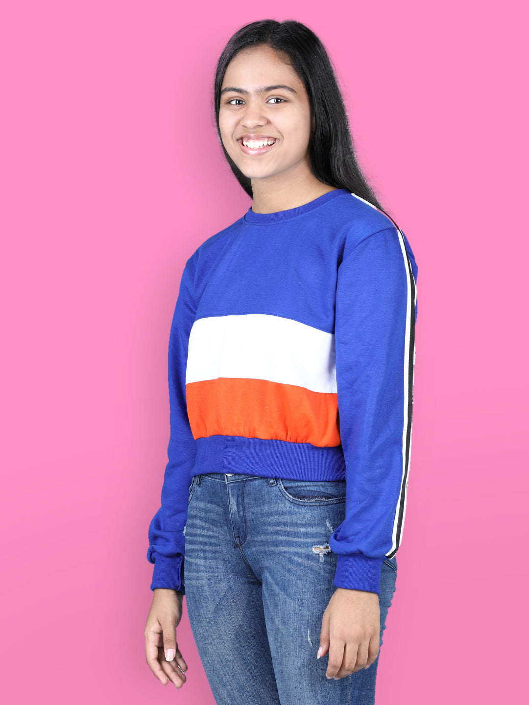 Cutiekins Colourblocked Round Neck Crop Sweatshirt-Royal Blue & White