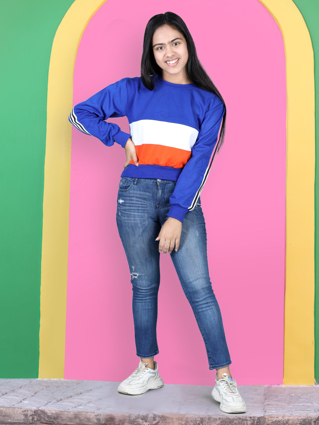 Cutiekins Colourblocked Round Neck Crop Sweatshirt-Royal Blue & White