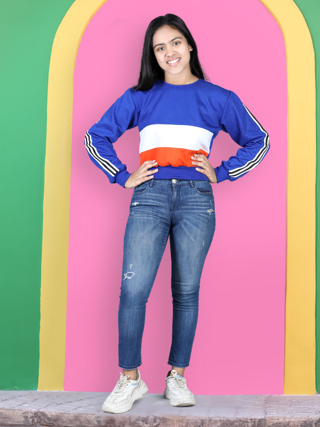 Cutiekins Colourblocked Round Neck Crop Sweatshirt-Royal Blue & White