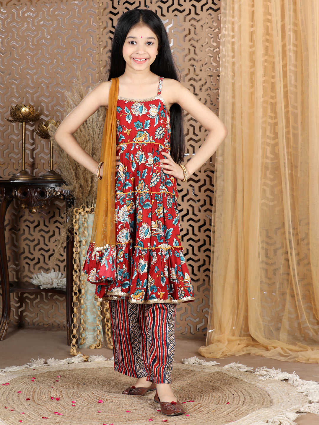 Cutiekins Floral & Striped Printed Angrakha Style Kurta & Palazzo Set -Maroon & Brown