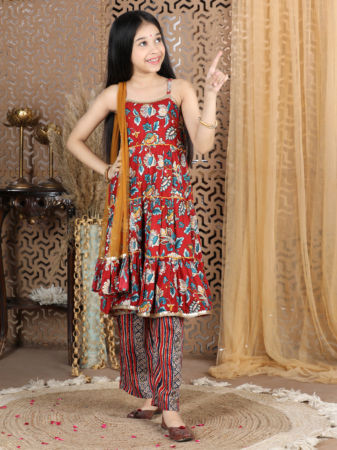 Cutiekins Floral & Striped Printed Angrakha Style Kurta & Palazzo Set -Maroon & Brown