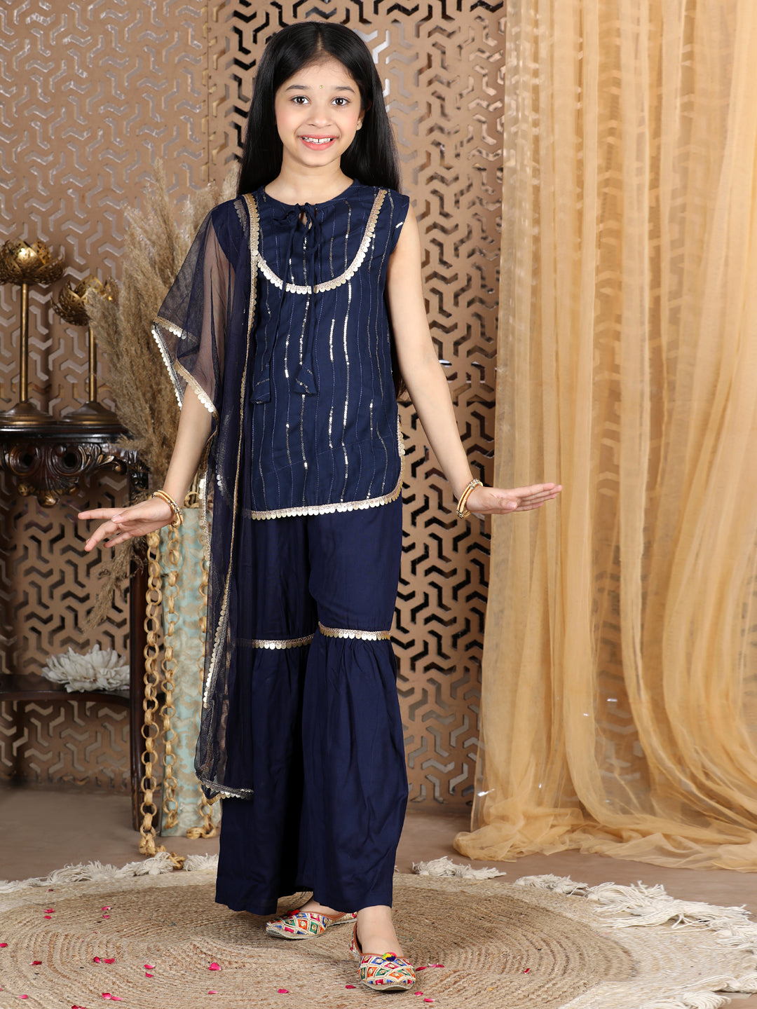 Cutiekins Sequined Kurta & Sharara Set -Navy Blue & Golden