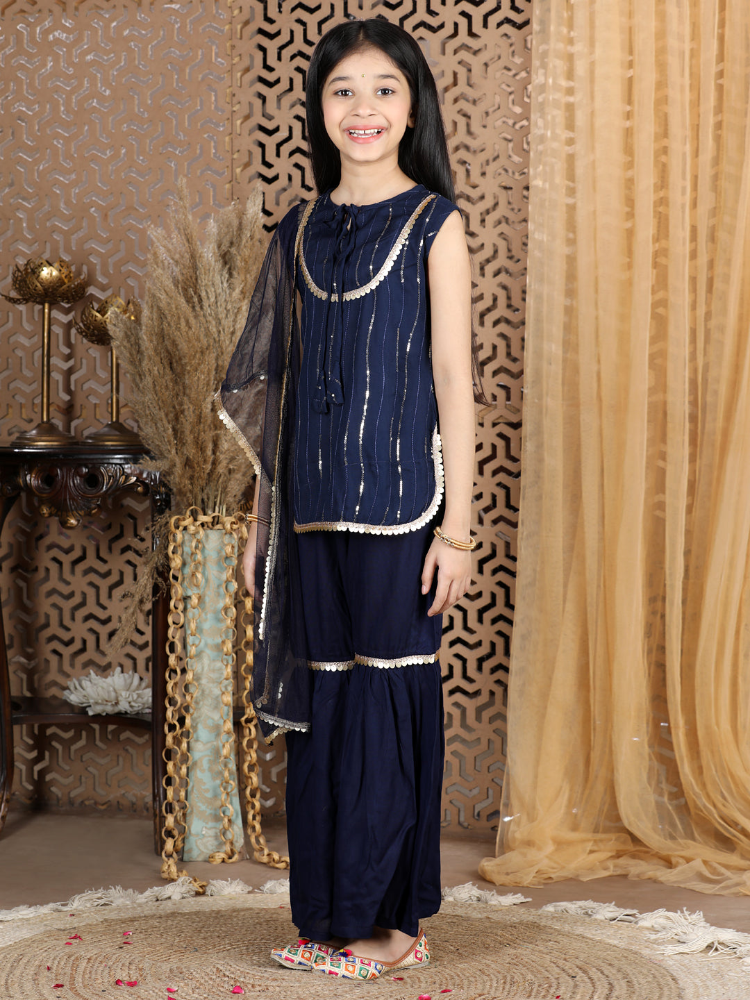 Cutiekins Sequined Kurta & Sharara Set -Navy Blue & Golden