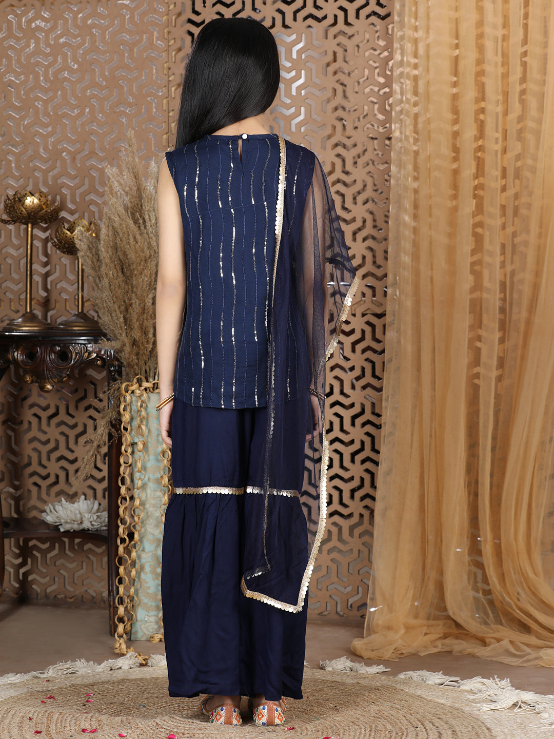 Cutiekins Sequined Kurta & Sharara Set -Navy Blue & Golden