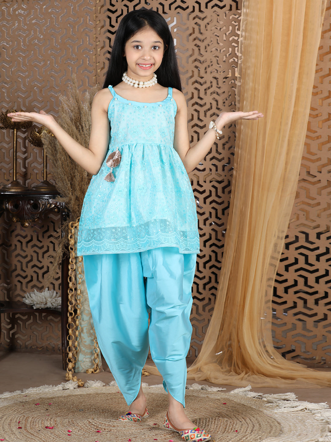 Cutiekins Sequined Net Peplum Top & Dhoti Set-Sky Blue & Green