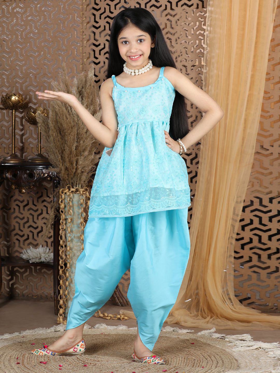 Cutiekins Sequined Net Peplum Top & Dhoti Set-Sky Blue & Green