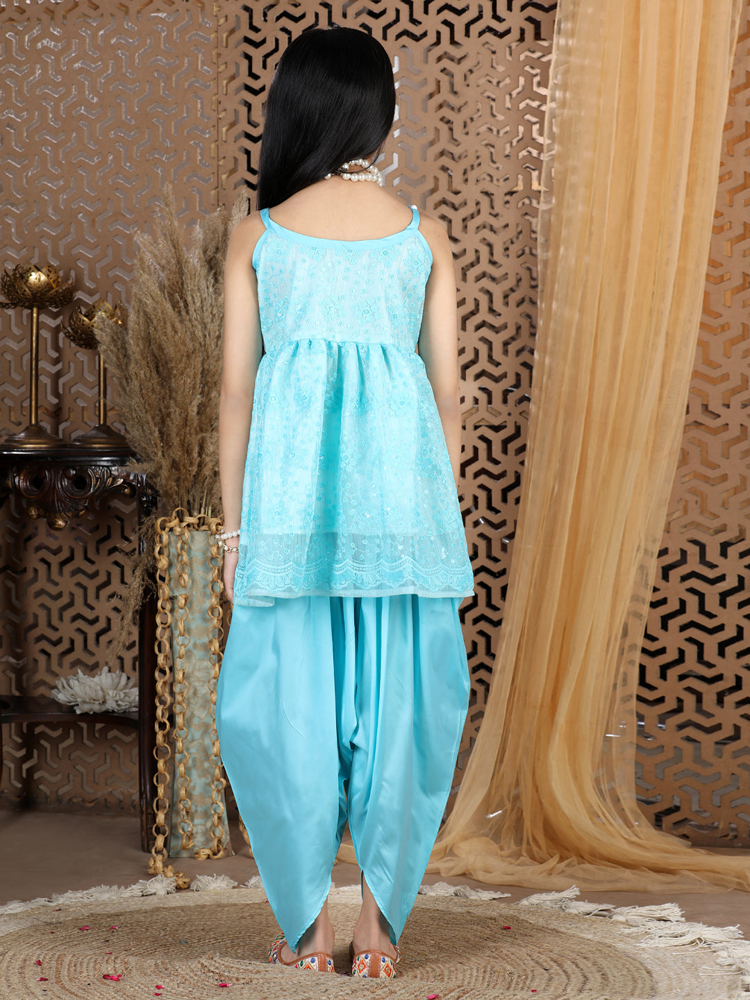 Cutiekins Sequined Net Peplum Top & Dhoti Set-Sky Blue & Green