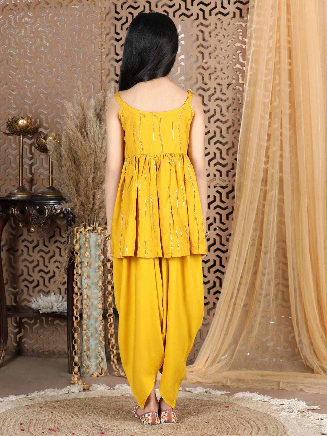 Cutiekins Sequined Peplum Top Dhoti Set Mustard Golden