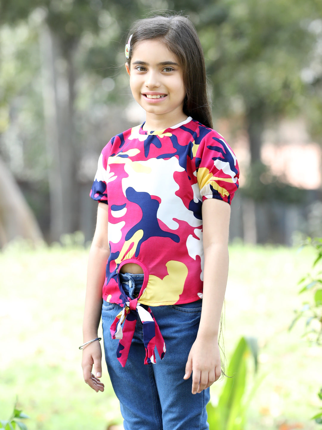 Cutiekins Printed Round Neck Polyester Top-Pink & White