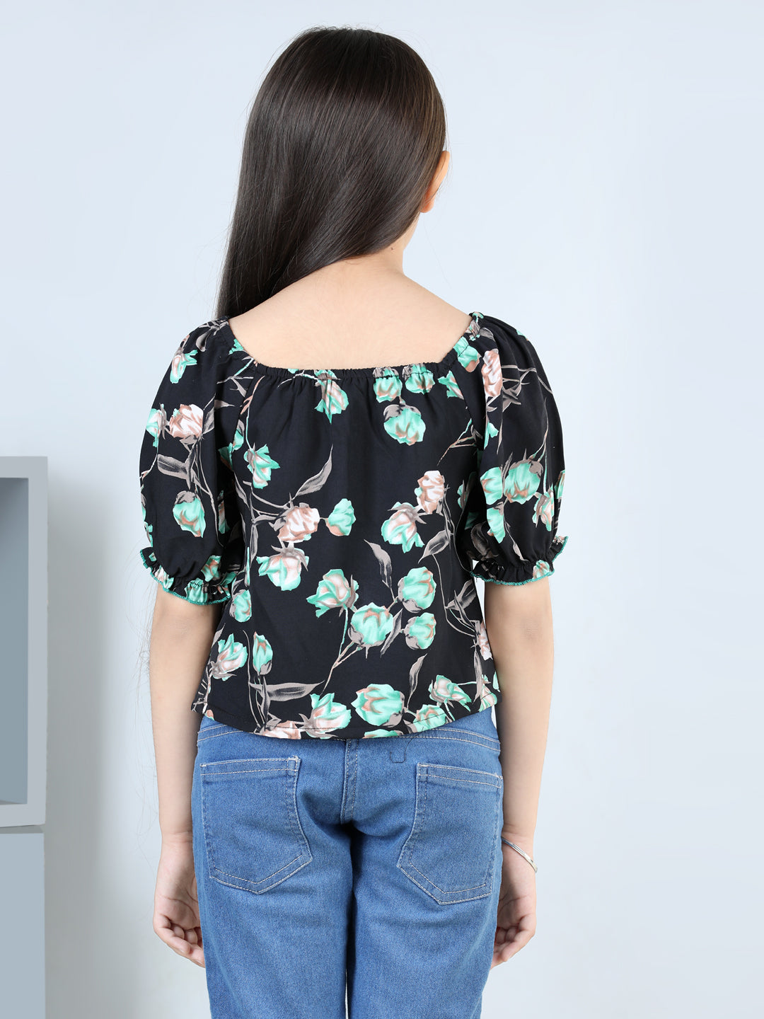 Cutiekins Printed Round Neck Polyester Top-Black & Blue