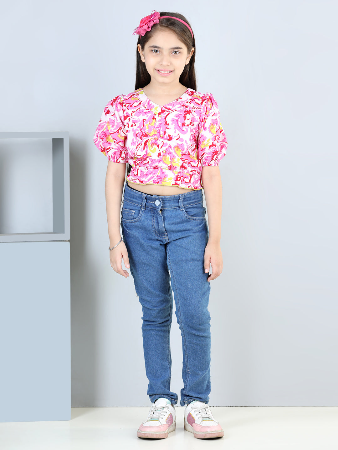 Cutiekins Printed V Neck Polyester Top-Pink & White