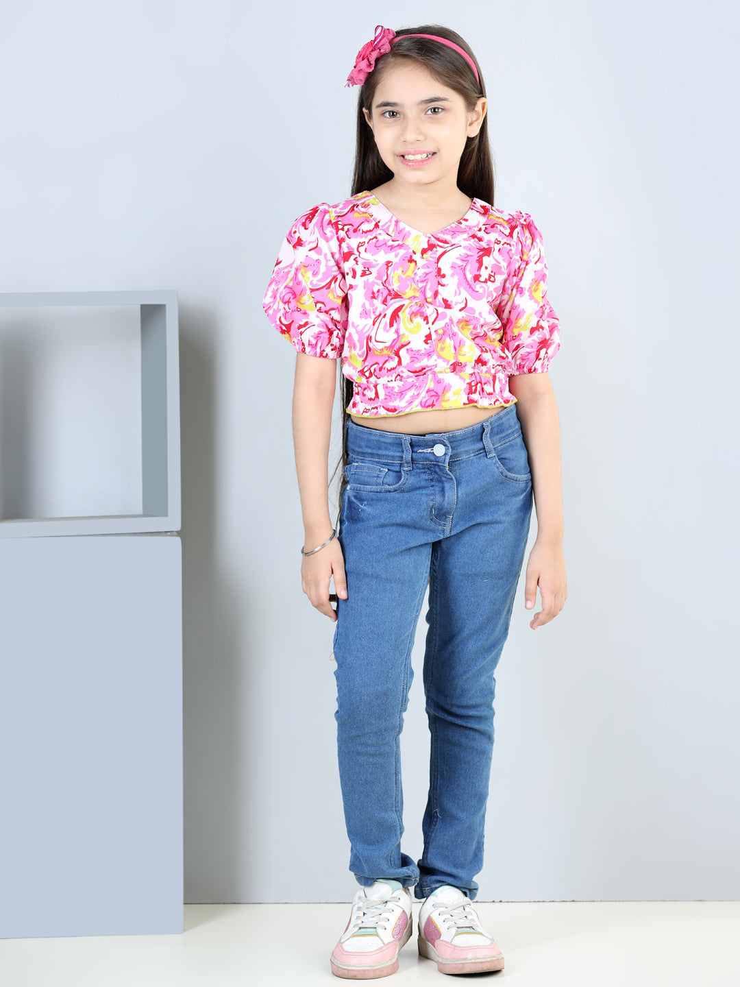 Cutiekins Printed V Neck Polyester Top-Pink & White