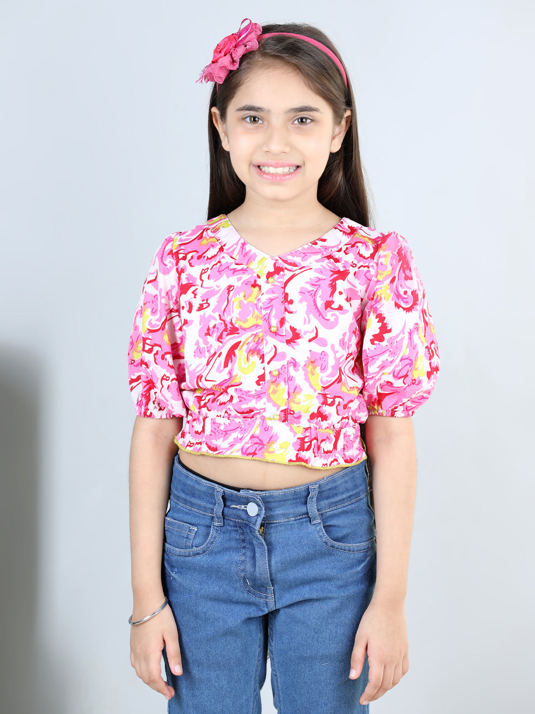 Cutiekins Printed V Neck Polyester Top-Pink & White