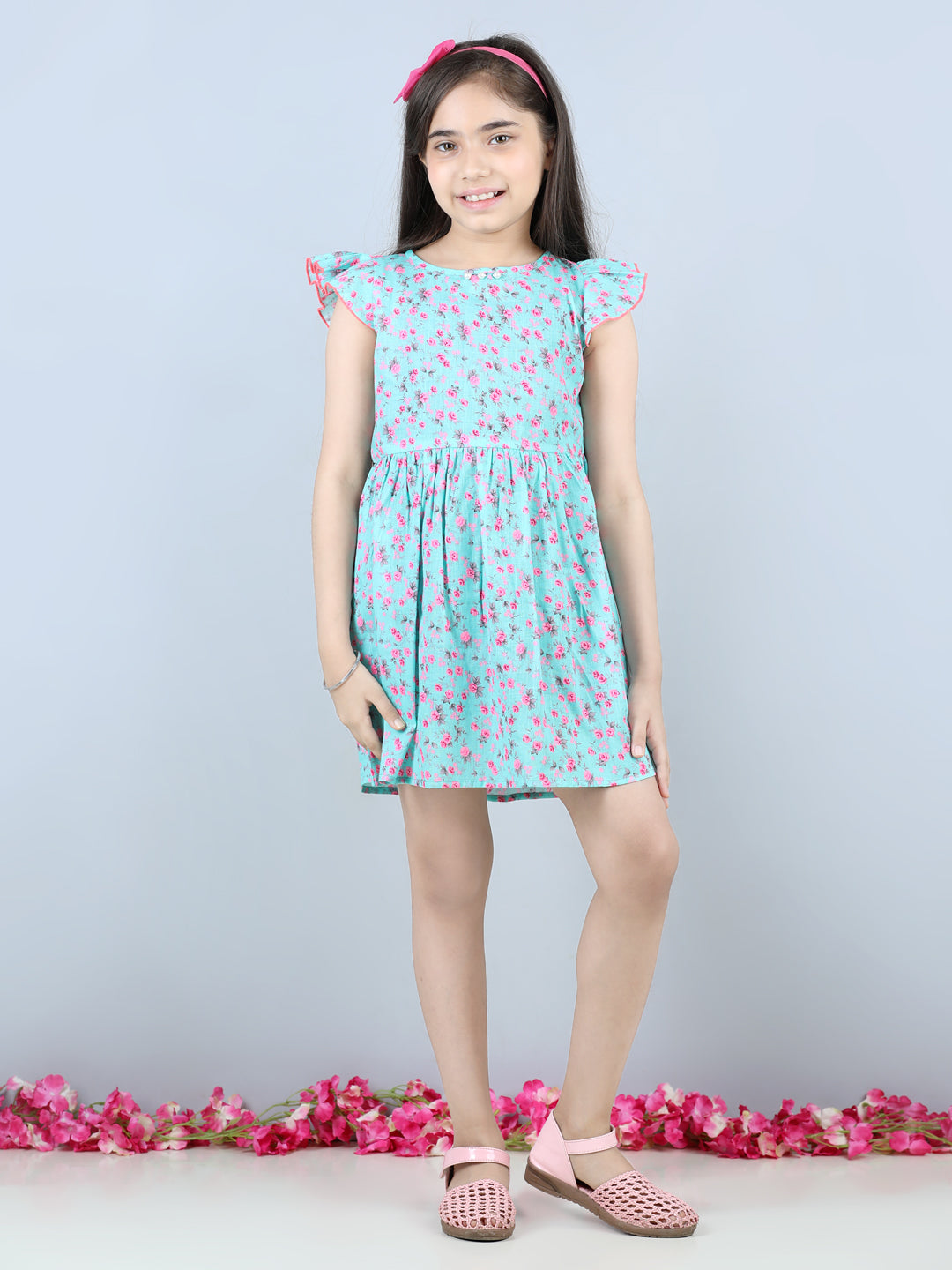 Cutiekins Floral Printed Frilled Sleeves Dress-Sea Green & Pink