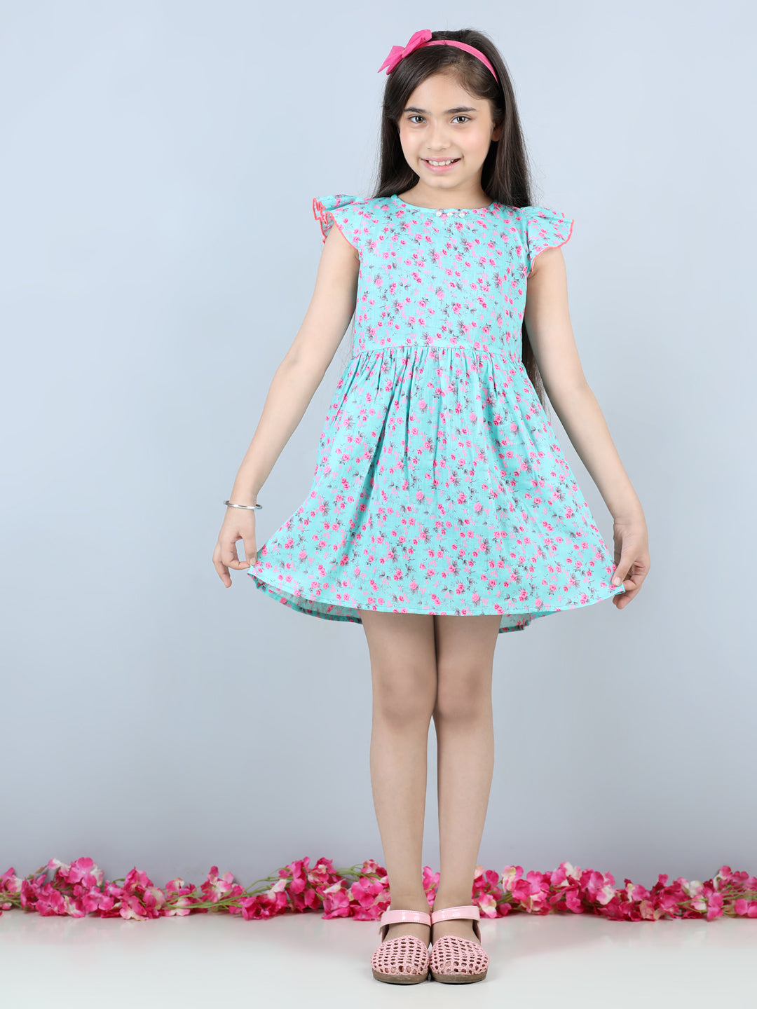 Cutiekins Floral Printed Frilled Sleeves Dress-Sea Green & Pink