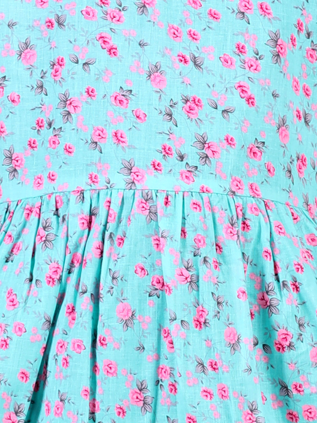 Cutiekins Floral Printed Frilled Sleeves Dress-Sea Green & Pink