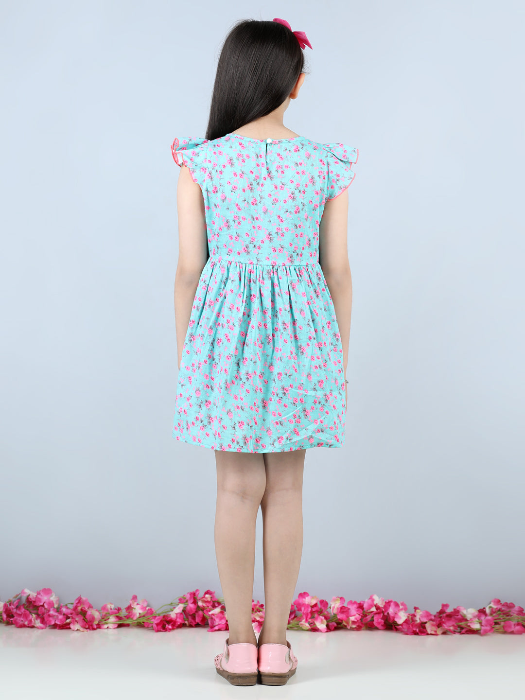 Cutiekins Floral Printed Frilled Sleeves Dress-Sea Green & Pink