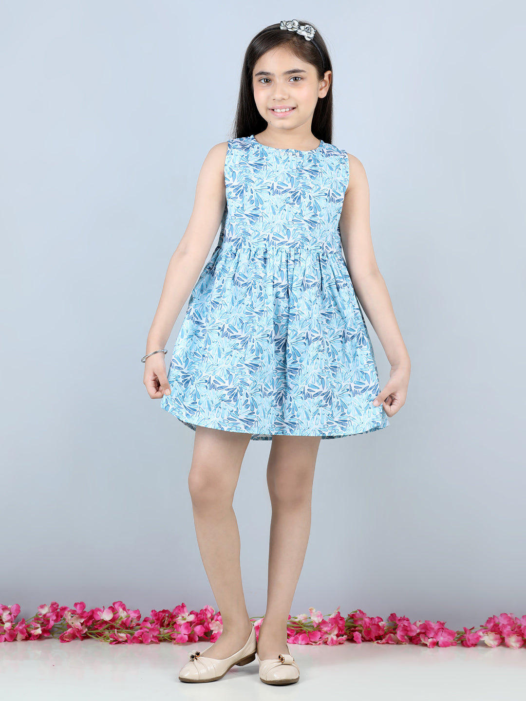 Cutiekins Geometric Printed Sleeveless Dress-Sky Blue & White