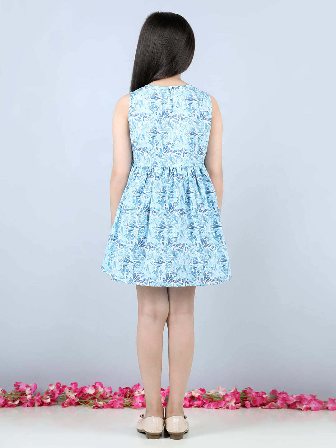 Cutiekins Geometric Printed Sleeveless Dress-Sky Blue & White