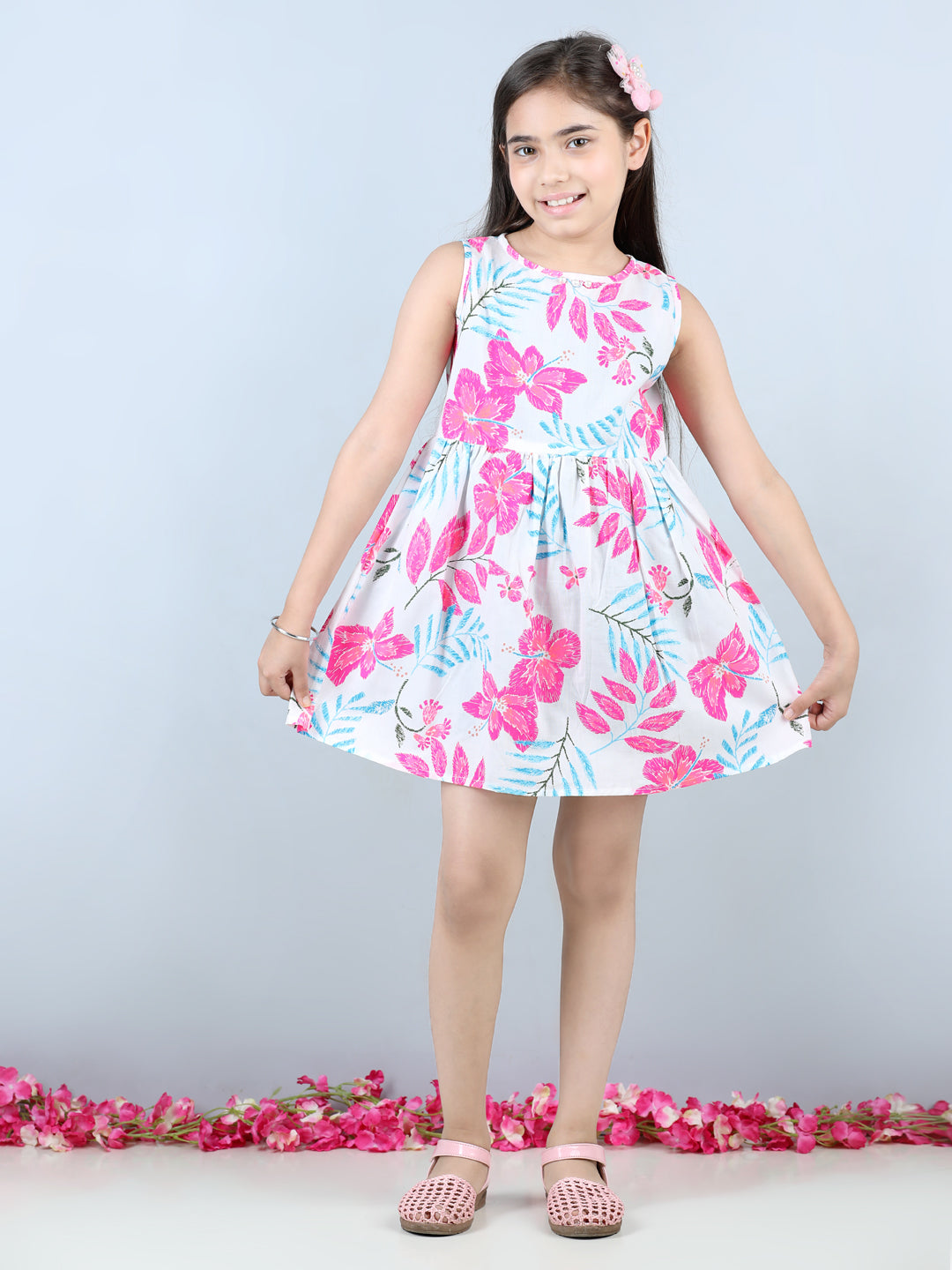 Cutiekins Floral & Leaf Printed Sleevless Dress- Sky Blue & White