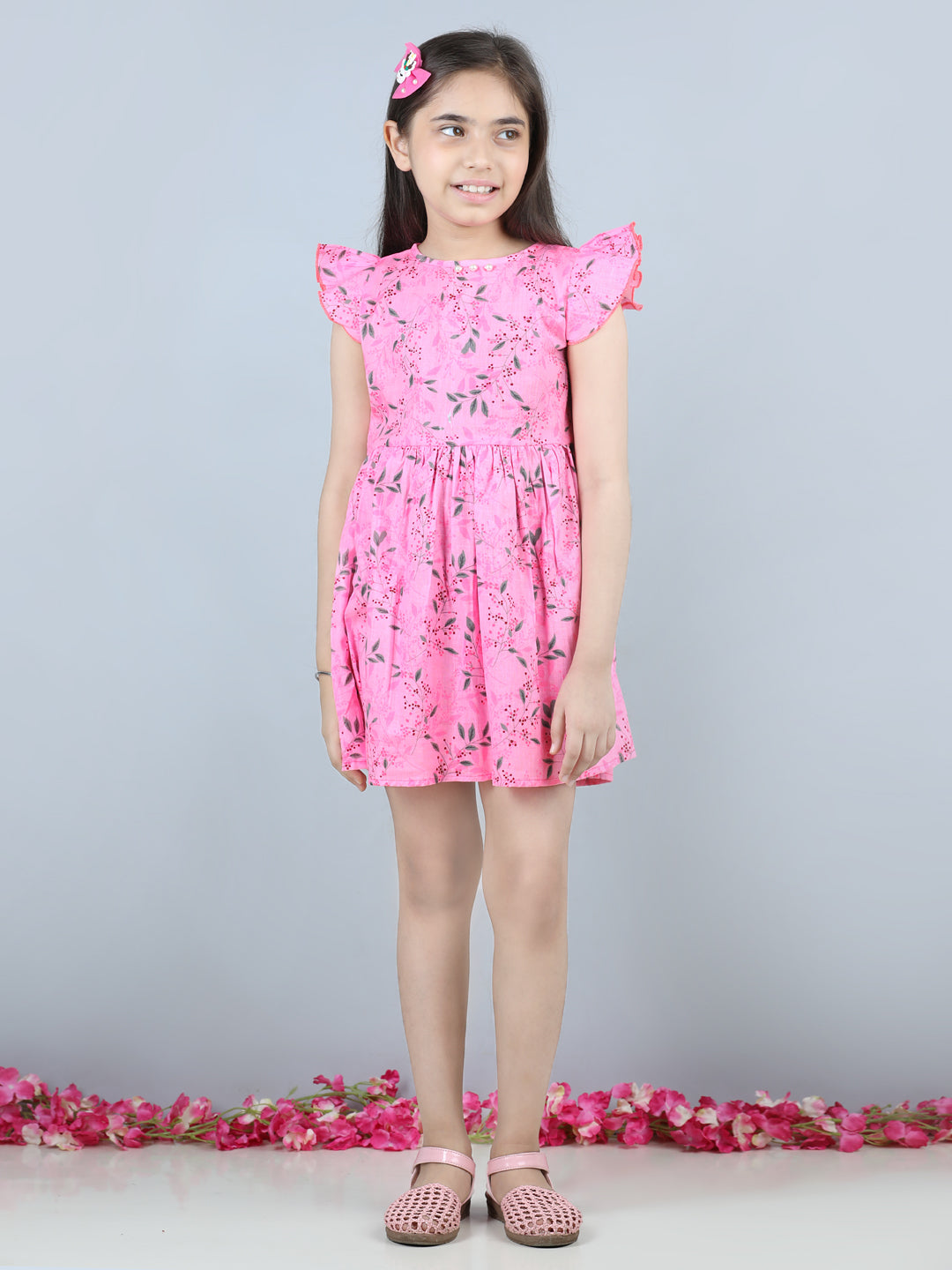 Cutiekins Leaf & Dots Printed Frilled Sleeves Dress-Pink & Grey