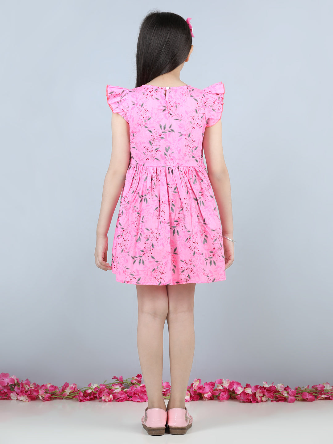 Cutiekins Leaf & Dots Printed Frilled Sleeves Dress-Pink & Grey