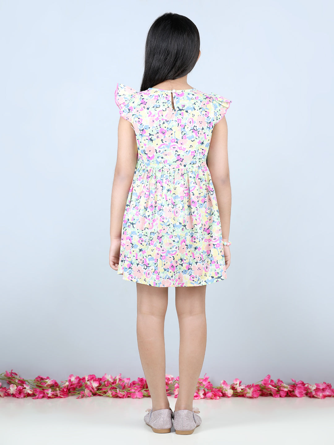 Cutiekins Floral Printed Frilled Sleeves Dress-Multicolour