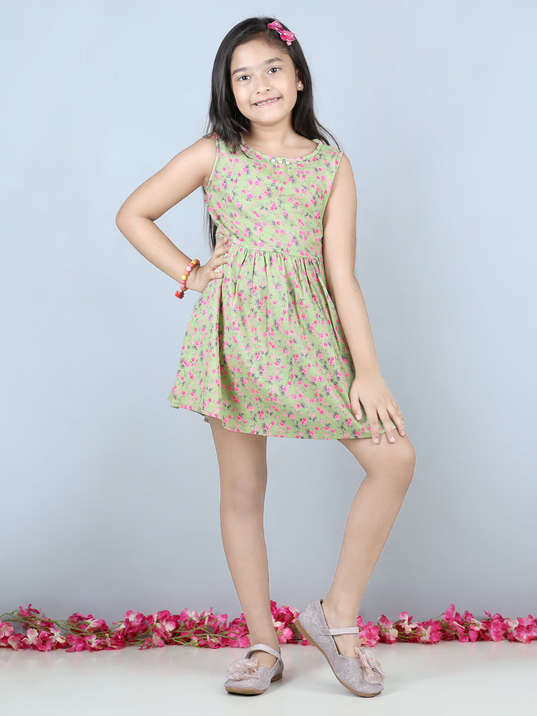 Cutiekins Floral Printed Sleevless Dress- Green & Pink