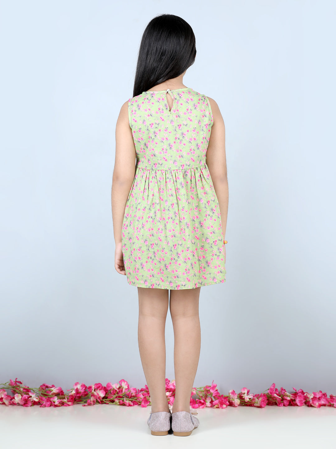 Cutiekins Floral Printed Sleevless Dress- Green & Pink