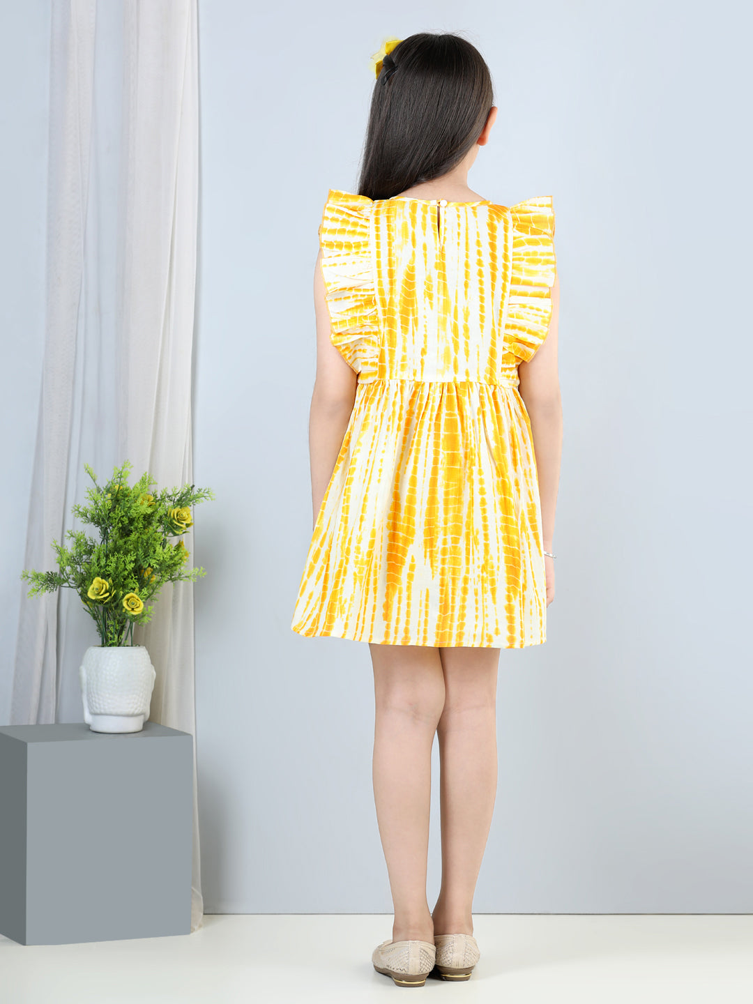 Cutiekins Tie & Dye Printed Side Frilled Sleevless Dress-Mustard & White