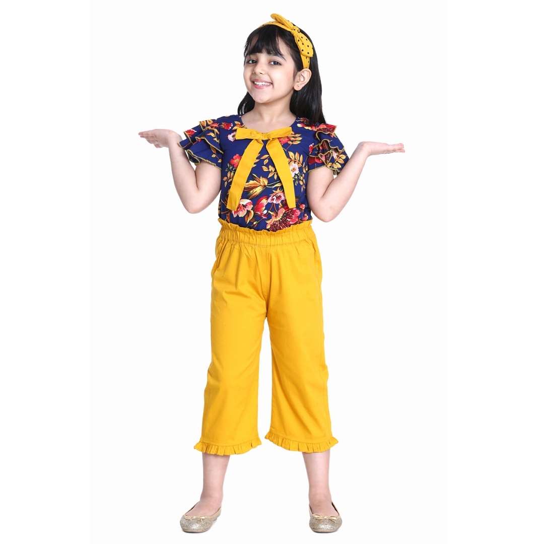 Cutiekins Ruffle Sleeves Floral Printed Top & Solid Capri Palazzo Set -Navy Blue & Mustard