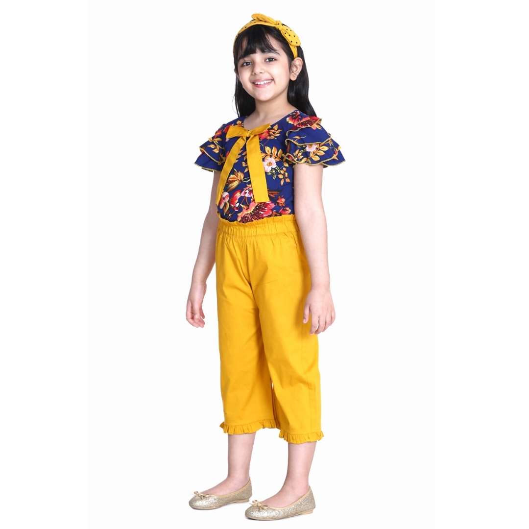 Cutiekins Ruffle Sleeves Floral Printed Top & Solid Capri Palazzo Set -Navy Blue & Mustard