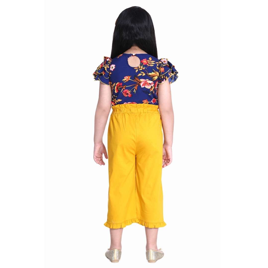 Cutiekins Ruffle Sleeves Floral Printed Top & Solid Capri Palazzo Set -Navy Blue & Mustard