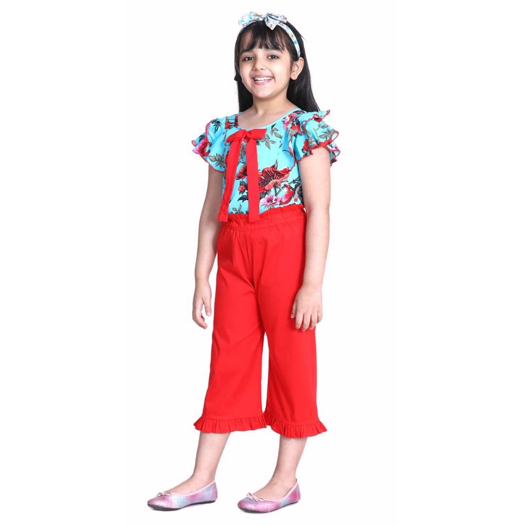 Cutiekins Floral Print Ruffle Sleeves Top & Solid Capri Palazzo Set -Aqua Blue & Red