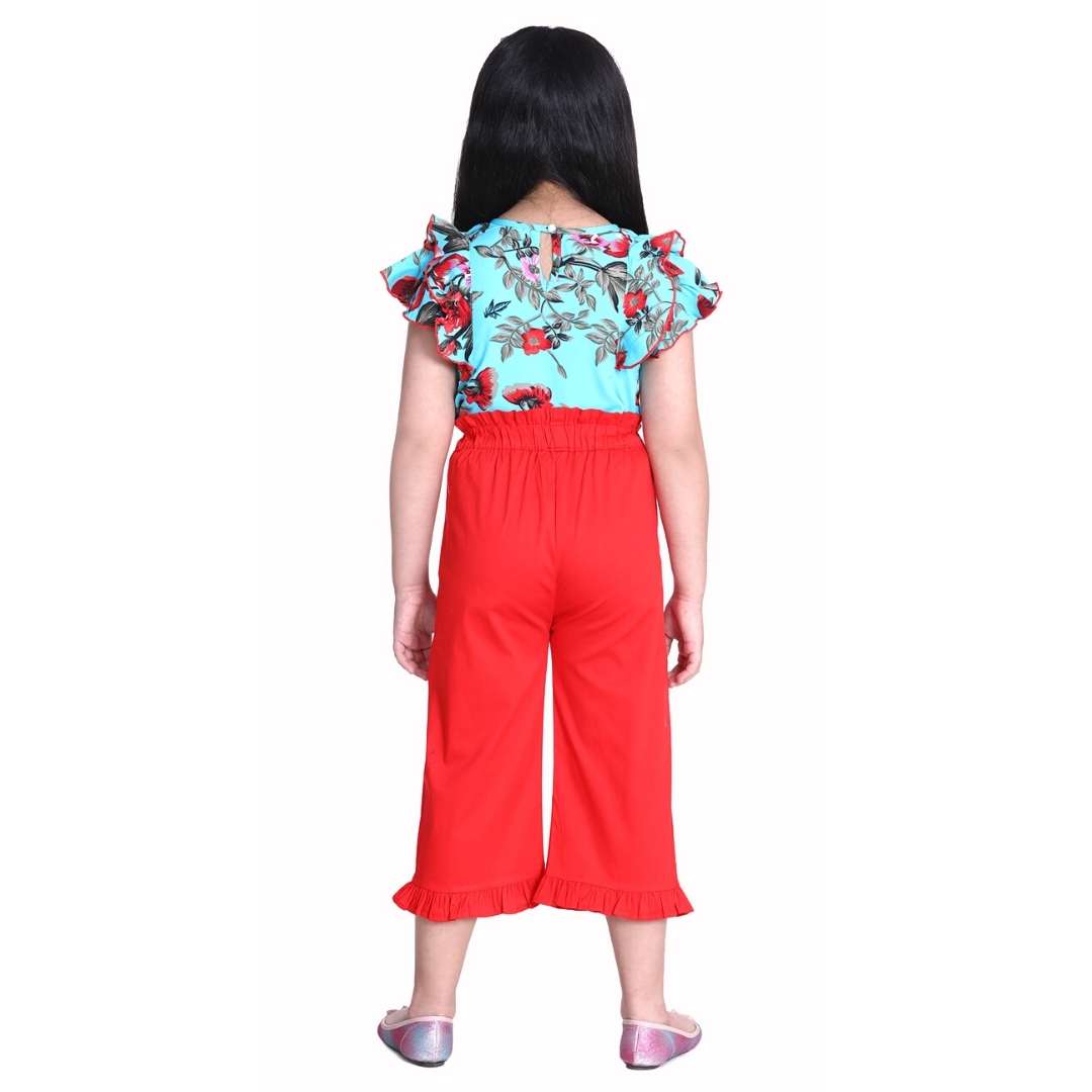 Cutiekins Floral Print Ruffle Sleeves Top & Solid Capri Palazzo Set -Aqua Blue & Red